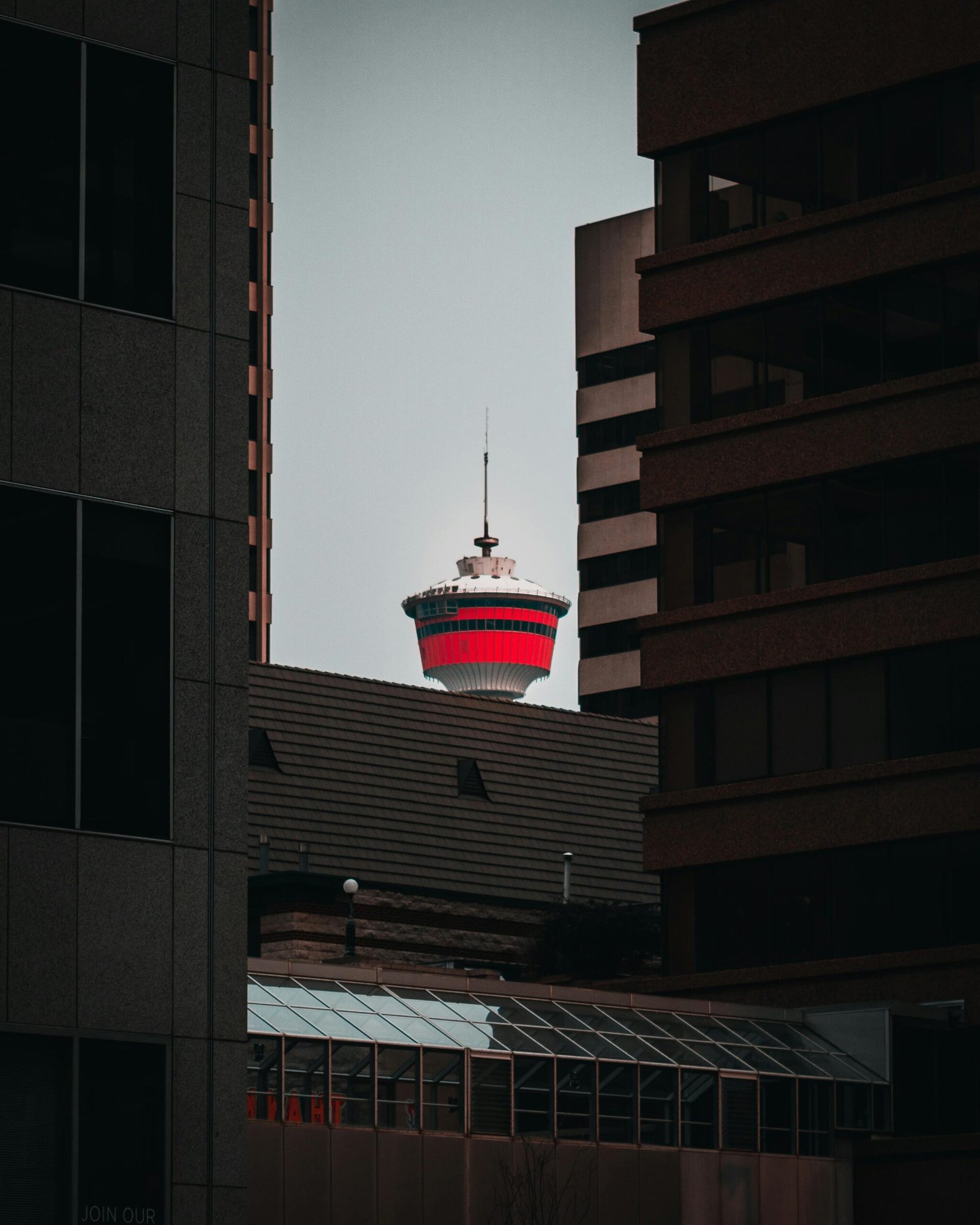 The iconic Calgary Tower peeks through modern city buildings, creating a striking urban scene.