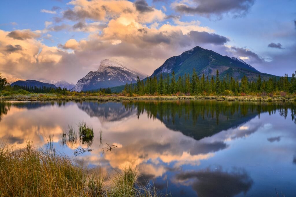 Beautiful sunrise at Vermilion Lakes with Mount Rundle reflection in Banff National Park, Canada.