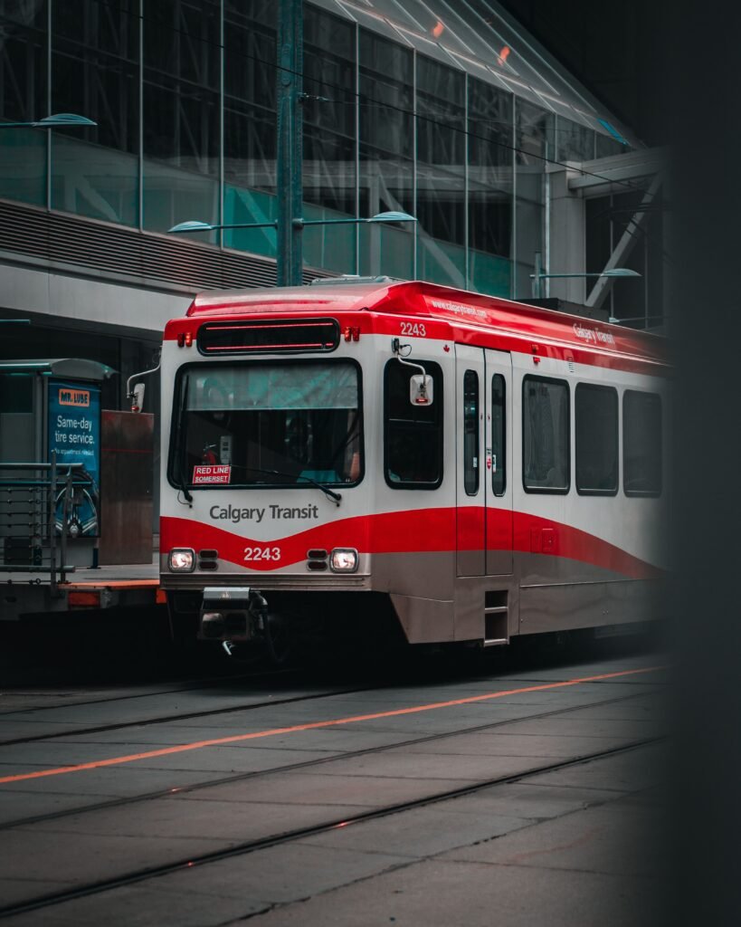 A Calgary Transit train at a city station, showcasing public transportation in Canada.