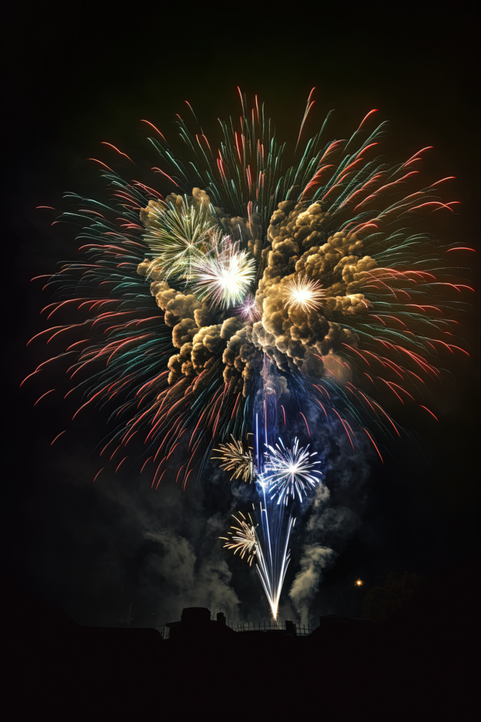 Spectacular fireworks lighting up the night sky in colorful bursts, creating a festive atmosphere.