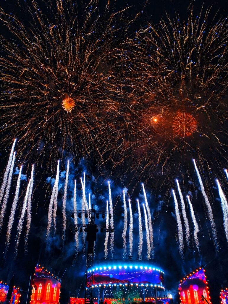 Vibrant fireworks display lighting up night sky in Istanbul, capturing festive celebrations outdoors.