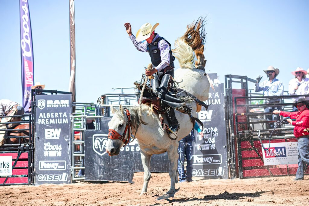 Dynamic image of a cowboy expertly riding a bucking bronco during a rodeo competition.