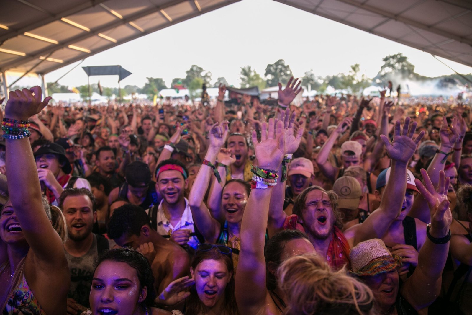 Excited crowd enjoying a vibrant music festival under a tent during the day.