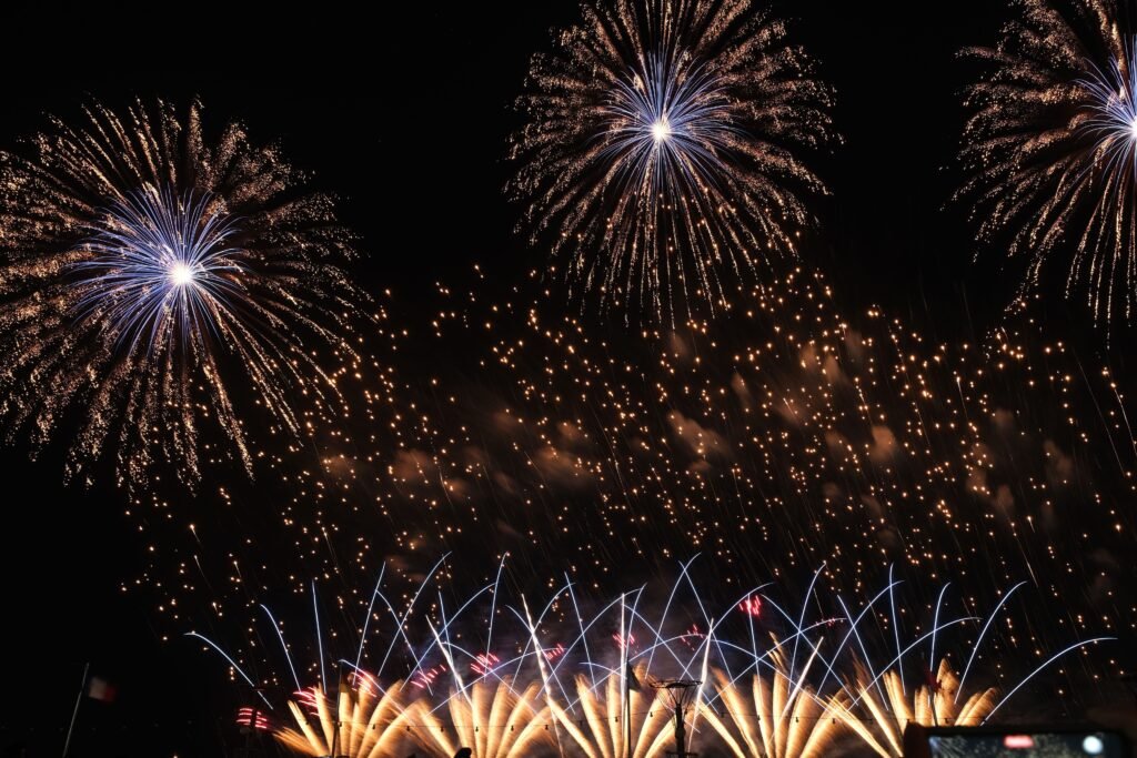 Spectacular fireworks light up the night sky with vibrant colors and patterns, celebrating a festive occasion.
